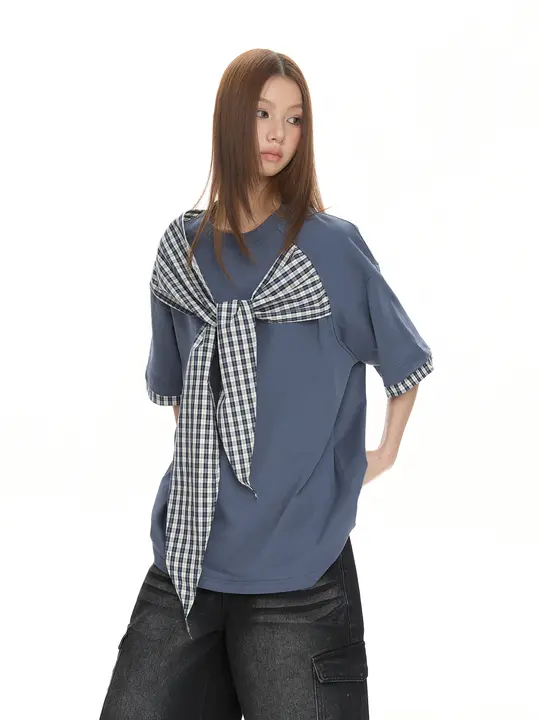 ウエストリボンデザインのゆったりラウンドネック半袖Tシャツ【レトロチェック・カジュアルスタイル】