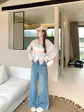 バイカラーストライプのゆったりニットカーディガン【夏用・女性・体型カバー】（セットアップ対応）
