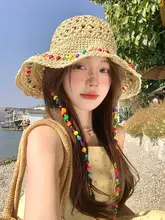 カラフルな編み込み帽子【夏用・ビーチリゾート・大きなつば・日焼け対策】