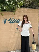 大きいサイズ レディース 夏用カジュアルパンツ【ショルダーオープン・短袖・カラーコントラスト】（セットアップ対応）