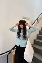 カラフルなボタン付き翻領ブルーセーターカーディガン【冬用・女性用・韓国風】