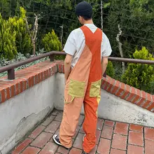 アメリカンヴィンテージ風コーデュロイジャンプスーツ【多色切替・ゆったりデザイン・刺繍付き】