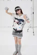 半袖トップス ユニセックス 光沢ジャージ メッシュ 切り替え 遊び心プリント オーバーサイズ ルーズ 夏 「OOURSLAB」