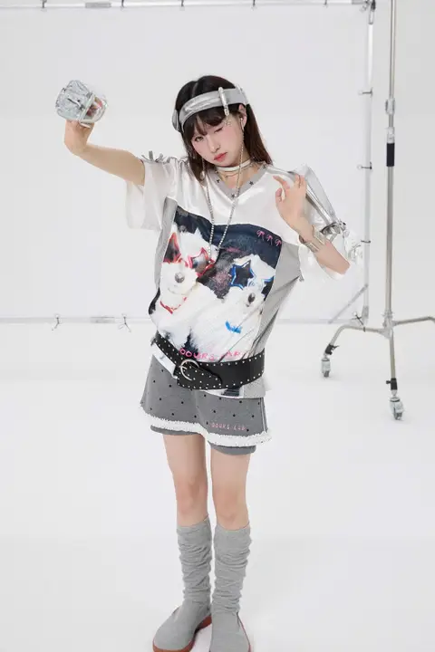 半袖トップス ユニセックス 光沢ジャージ メッシュ 切り替え 遊び心プリント オーバーサイズ ルーズ 夏 「OOURSLAB」
