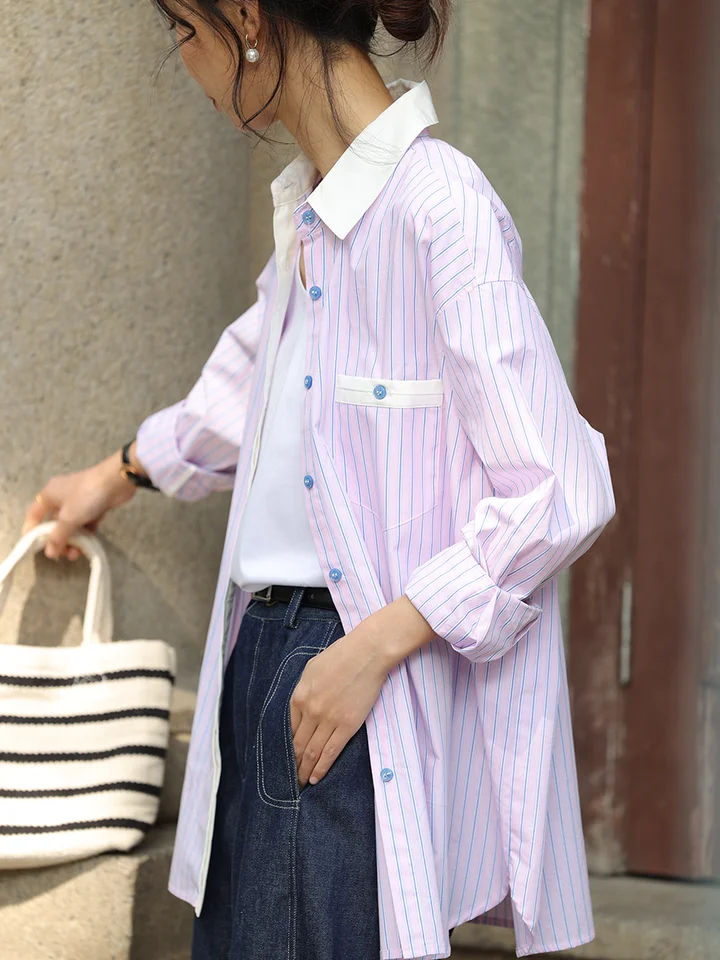 ゆったりしたトップス 女性用 フランス風バイカラーストライプ ミディ丈 オリジナルデザイン