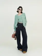 青いハイウエストストレートデニムパンツ【レディース・春用・ゆったりしたロングパンツ】