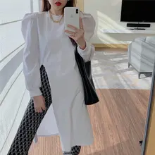 トレンドデザインの開襟Tシャツ【パフスリーブ・ミディアム丈】（セットアップ対応）