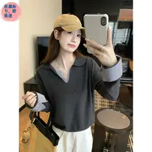 ニット トップス レディース 長袖 フェイクレイヤード バイカラー ルーズ インナー 秋