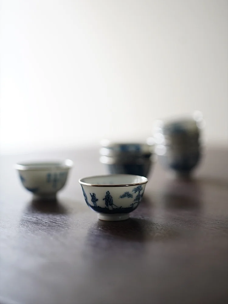 清物堂 柴窯の青花手描き 磁器ティーカップ【小容量・シルバーフィニッシュ・25cc】