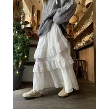 甘いデザインの白色ハイウエストAラインスカート【不規則レースフリル・秋用】