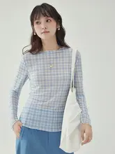 ブルーチェック柄レース付き薄手長袖Tシャツ【レディース・フィット感のあるデザイン】