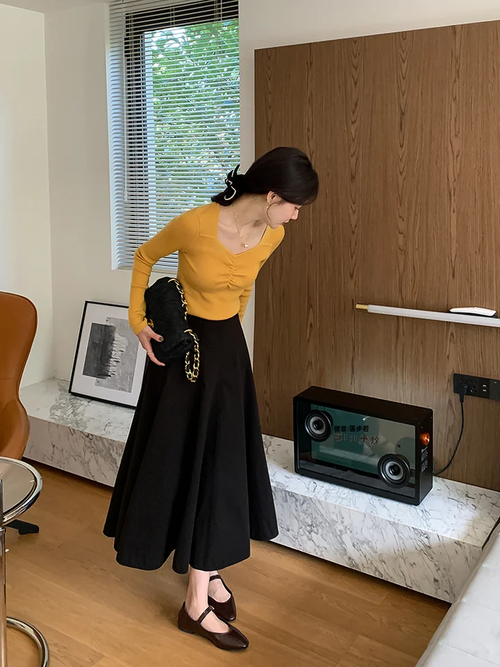 スカート 黒 Aライン 多層パッチワーク 春秋 ハイウエスト プリーツ