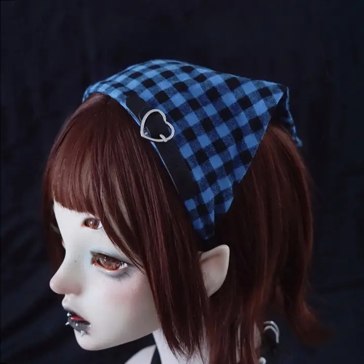 ハンドメイド三角巾ヘアバンド【黒青チェック・サブカルチャー・ユニセックス】