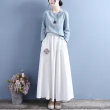 コットンリネン製 レディース刺繍入りフリンジ飾りスカート【春夏用・ウエストゴム・ゆったりデザイン】
