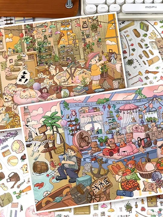 リゾートビーチの猫の物語！立体小屋デコレーション用シール【DIYミニチュア・海の風景】