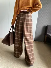 ヴィンテージ風チェックデザインのウールワイドパンツ【ハイウエスト・スリム効果・ロング丈】（セットアップ対応）