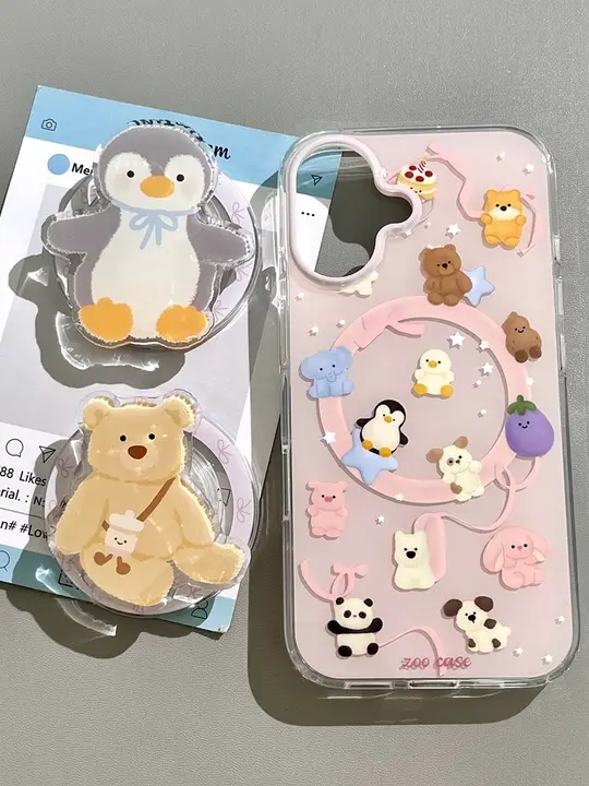 かわいい動物デザインのマグネット式スタンド付きiPhone用ケース【衝撃吸収・柔らかい保護・iPhone対応】