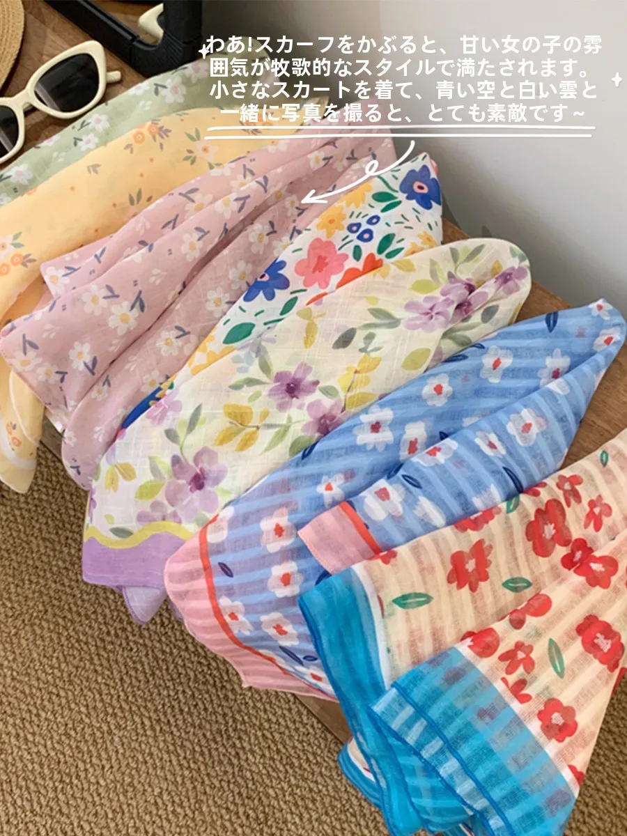 フラワープリント小型スカーフ：花粉対策グッズとしての女性向け遮陽デザインと高級感の実証