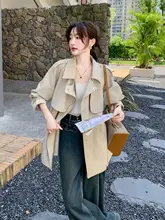 トレンチコート レディース カーキ パッチワーク ウエストマーク きれいめ 小柄さん向け 春
