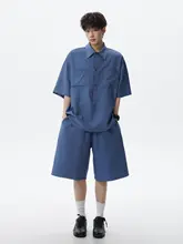 レトロデザインのブルー無地工装短袖シャツ【男女兼用・夏用】（セットアップ対応）