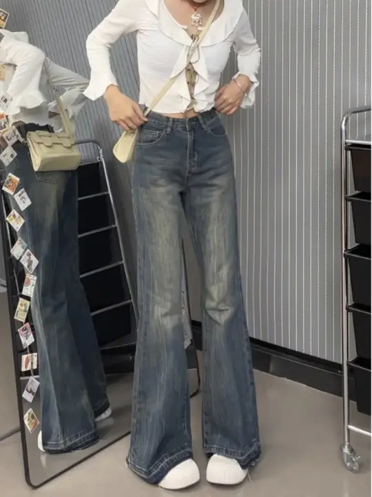 高身長向けのロングデザインヴィンテージ風ブーツカットデニムパンツ【ハイウエスト・スリム効果・裏地付き】