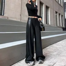 ブラック 加絨 PUレザー パンツ【冬用・ゆったりワイドレッグ・ストレートデザイン】
