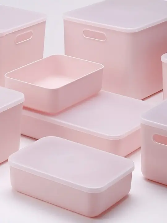 珊瑚色の化粧品デスク収納ボックス【防塵・プラスチック製・ふた付き】