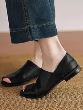 極上の柔らかさ！真皮製女性用オープントゥローファーサンダル【黒・平底・春夏用】