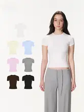 女性用 夏用ニット半袖Tシャツ【ハイウエスト・フィット・ラウンドネック】（セットアップ対応）