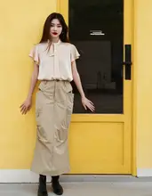工装速乾半身スカート【夏用・フリル・フィッシュテール・アメリカンヴィンテージ・ロング丈・バックスリット】