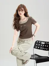 方襟ショートスリーブTシャツ【レディース・夏用・フィット感・文字プリント・トレンドデザイン】