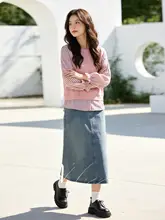 春の新作！ストライプデザインの長袖トップスとデニムスカート【大きいサイズ・女性用】（セットアップ対応）