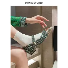 本革製 フランス風レトロ デザインのバイカラー フラッ  トメリージェーンシューズ【スレンダーシルバー・スクエアトゥ・浅口】