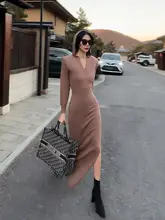 フード付きVネックパッド入りロングニットドレス【厚手・スリットデザイン・白】