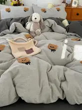 ブルーリボン付きクマデザインの水洗いコットン寝具4点セット【学生用・シングルベッド用】（セットアップ対応）