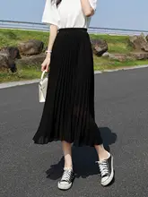 高腰デザインの夏用黒色シフォン百褶スカート【Aライン・膝下丈・極上の柔らかさ】（セットアップ対応）