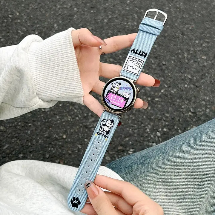 デニム刺繍デザインのスマートウォッチバンド【適用機種：Huawei Watch GT5/6・GT4・Watch4・GT3・高級感あり・レディース用】