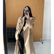 カーキ色 レディース ロングジャケット【ゆったりシルエット・小柄対応・洗練されたデザイン】