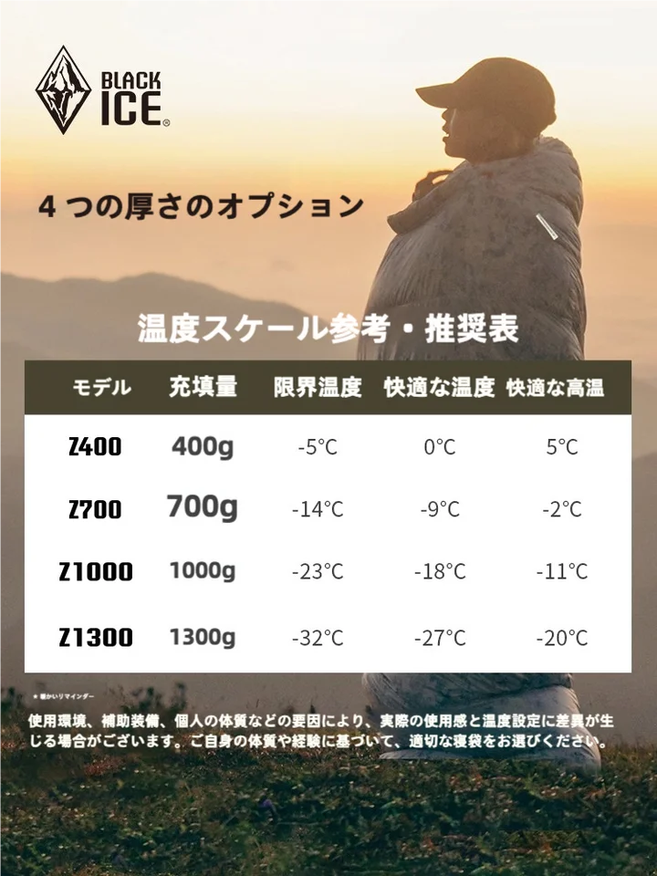 BLACK ICE 軽量ダウン寝袋【ミイラ型・白鹅绒・アウトドアキャンプ用】