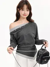 デザイン感あふれるボタン付きストライプ切替風ロンT【春秋・スリット肩・ファッション性・シルエット補正】（セットアップ対応）
