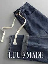 ウォッシュ加工デニムパンツ【メンズ・秋冬用・ドローストリング・ストレートシルエット・カジュアル】