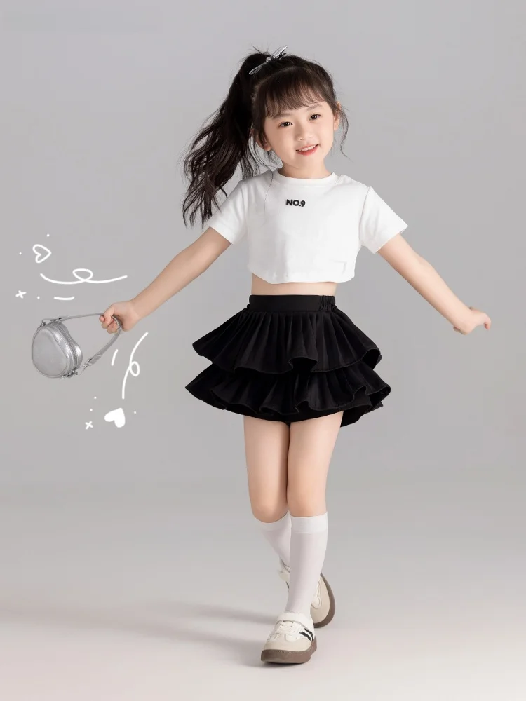 女の子用夏用半袖ワンピースとパンツの2点セット：ぽっちゃりスタイルに最適なカジュアルコーデ
