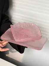 高級感あるピンク不規則デザインガラスプレート【家庭用・お菓子皿・丸型デザートトレイ】