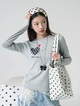 秋用ドット柄ハート刺繍長袖トップス【スリムフィット・女性用】