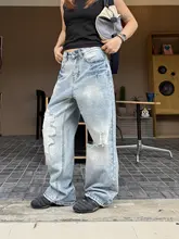ヴィンテージ風ウォッシュ加工ストレートデニムパンツ【ユニセックス・ダメージデザイン・カジュアル】
