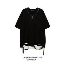 デザイン性のある切り替え風Tシャツ【夏用・ヒップホップスタイル・ショートスリーブ・チェーン付き】（セットアップ対応）