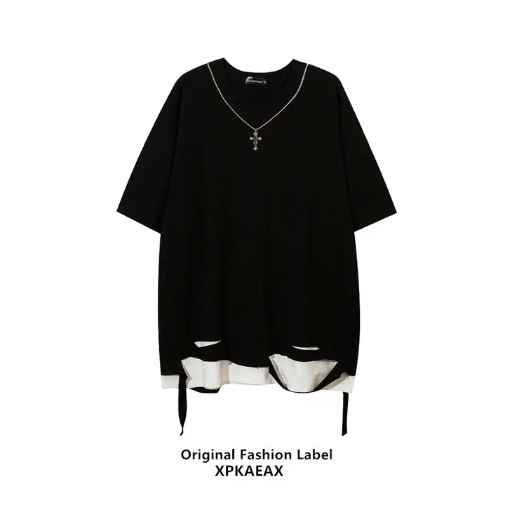 デザイン性のある切り替え風Tシャツ【夏用・ヒップホップスタイル・ショートスリーブ・チェーン付き】（セットアップ対応）