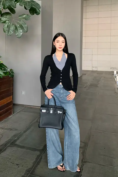 ZHOUMIAO カラー切替ニットカーディガン【Vネック・ウエスト紐付き・レディース】