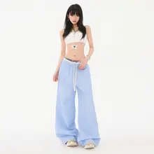 ブルーストライプのダブルウエストワイドパンツ【夏用・コットン混・フィット・スリム効果】（セットアップ対応）