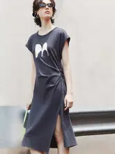印花デザインのフリル袖高腰ドレープ不規則スリットワンピース【女性用・個性的なスタイル】